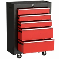HOMCOM Lockable Tool Cabinet, 5-Drawer Rolling Tool Chest with 4 Universal Wheels, Black and Red(m-2)