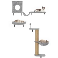 PawHut 3-In-1 Cat Wall Shelves with Condo, Bed, Hammock, Scratching Post and Spring Ball, Gray(m-1)