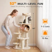 PawHut 52" Cat Tree, Cat Tower with Handwoven Cattail Condo, Bed, Platforms, 3 Scratching Posts and 3 Toy Balls(m-4)