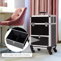 HOMCOM Portable Aluminum Makeup Train Cases, Rolling Makeup Case, Salon Beauty Cosmetic Jewelry Organizer Trolley with 4 Wheels, Black(m-6)