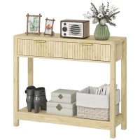 HOMCOM 35" Console Table with Storage, Narrow Entryway Table with Fluted Panel Drawers and Shelf for Hallway, Natural(m-1)