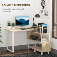 HOMCOM Mobile L-Shaped Rotating Computer Desk with Storage Shelves Moveable Rolling Writing Table Home Office Study Workstation for Home Office, Oak(m-4)
