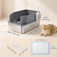 PawHut Stainless Steel Sifting Litter Box for Pine Pellet, High Sided, Anti-Leakage, Less Tracking, Includes Scoop & 10 Pads(m-3)