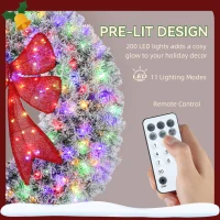 HOMCOM 48in Flocked Pre-Lit Christmas Wreath with 3D Red Bow, 11 Lighting Modes, Front Door Christmas Wreath with Remote(m-5)