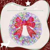 HOMCOM 48in Flocked Pre-Lit Christmas Wreath with 3D Red Bow, 11 Lighting Modes, Front Door Christmas Wreath with Remote(m-3)