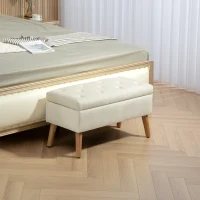 HOMCOM Storage Ottoman with Lid, Velvet Upholstered Storage Bench with Wood Legs for Living Room, Cream White(m-8)