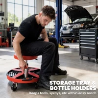 HOMCOM Rolling Mechanic Stool, 15.7"-20.5" Garage Stool with Wheels, 300 LBS, 360° Swivel Padded Creeper Shop Seat, Red(m-5)
