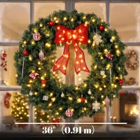 HOMCOM Artificial Xmas Wreath, 36 Inch Pre-Lit Christmas Wreath with 130 LED Lights, Lighted Bow and 21 Ornament Set, Green(m-3)