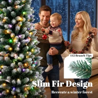 HOMCOM 7ft Pencil Prelit Christmas Tree, Dual Color LEDs, Flocked, Remote, Slim Xmas Tree with 11 Modes, Green White(m-6)
