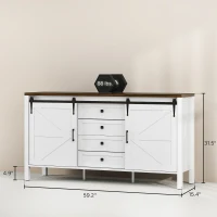 HOMCOM 59" Buffet Cabinet, Farmhouse Sideboard with Thick Top, 2 Barn Doors, 4 Drawers and 2 Adjustable Shelves, White(m-4)