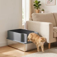 PawHut Stainless Steel Sifting Litter Box for Pine Pellet, High Sided, Anti-Leakage, Less Tracking, Includes Scoop & 10 Pads(m-8)