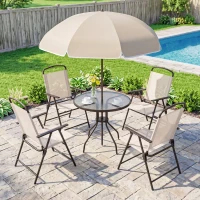 Outsunny 6 Piece Patio Dining Set for 4 with Umbrella, Outdoor Table and Chairs with 4 Folding Dining Chairs & Round Glass Table for Garden, Backyard and Poolside, Beige(m-9)