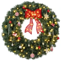HOMCOM Artificial Xmas Wreath, 36 Inch Pre-Lit Christmas Wreath with 130 LED Lights, Lighted Bow and 21 Ornament Set, Green(m-2)