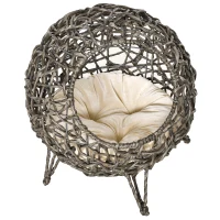 PawHut 20.5" Rattan Cat Bed, Kitten House, Elevated Round Condo for Comfort and Circulation with Cushion, Round Design(m-1)