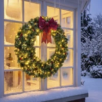 HOMCOM 36" Prelit Crestwood Spruce Artificial Christmas Wreath, Christmas Decor with Bow, 8 Modes, Red Berries, Pinecones(m-10)