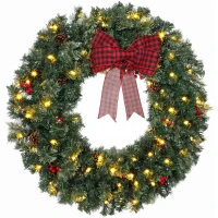 HOMCOM 36" Prelit Crestwood Spruce Artificial Christmas Wreath, Christmas Decor with Bow, 8 Modes, Red Berries, Pinecones(m-1)