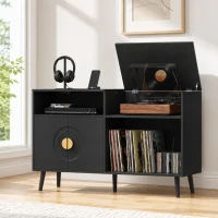 HOMCOM Record Player Stand with Power Outlets, Vinyl Record Holder with Storage Holds Up to 300 Albums, Black(m-8)