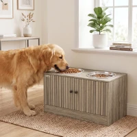 PawHut Elevated Dog Bowls with Storage Cabinet,  2 Stainless Steel Bowls, Slow Feeder, Dog Feeding Station for Large Dogs, Brown Wood Grain(m-8)