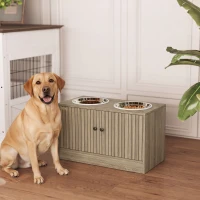 PawHut Elevated Dog Bowls with Storage Cabinet,  2 Stainless Steel Bowls, Slow Feeder, Dog Feeding Station for Large Dogs, Brown Wood Grain(m-10)
