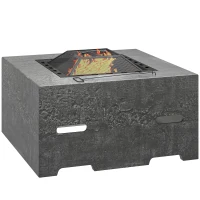 Outsunny Fire Pit with Fire Poker, Wood Burning Firepit for Outside with Mesh Lid, Magnesium Oxide Stone Texture, Charcoal Grey(m-9)