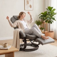 HOMCOM Faux Leather Manual Recliner, Swivel Lounge Chair with Adjustable Backrest, Footrest and Round Base, Gray(m-9)