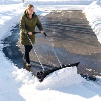 Outsunny 37-Inch Extra Wide Snow Shovel with Wheels, Heavy Duty Aluminum Snow Pusher with Ergonomic Adjustable Handle, Black(m-8)