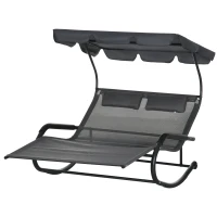 Outsunny Patio Outdoor Bed, Outdoor Chaise Sun Lounger for Two Person with Adjustable Canopy, Detachable Pillows, and Wheels for Sun Room, Garden, Poolside, Dark Gray(m-11)