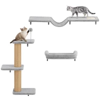 PawHut Cat Wall Shelves, 3-in-1 Wall-Mounted Cat Climber Set w/ Bed, Platforms, Hammock, Scratching Posts and Spring Ball(m-2)