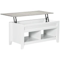 HOMCOM Lift Top Coffee Table with Hidden Storage Compartment and Open Shelves, Lift Tabletop Pop-Up Center Table for Living Room, White(m-2)