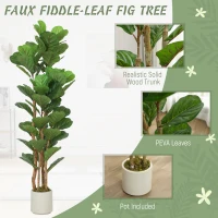 HOMCOM 5FT Artificial Fiddle Leaf Fig Tree Set of 2, Fake Potted Tree with Solid Wood Trunks for Indoor Decor, Green(m-4)