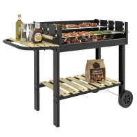 Outsunny Charcoal Grill,Barbecue Trolley with Double Adjustable Grill, Side Table, Storage Shelf and Wheels, Black(m-9)