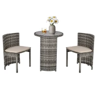 Outsunny 3 PCS Outdoor Rattan Wicker Bistro Set with Storage Shelf, Glass Top Table, Soft Cushioned Chairs and Space Saving Design, Patio Conversation Set for Garden Backyard Porch, Grey(m-11)