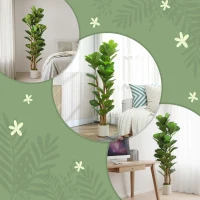 HOMCOM 5FT Artificial Fiddle Leaf Fig Tree Set of 2, Fake Potted Tree with Solid Wood Trunks for Indoor Decor, Green(m-7)