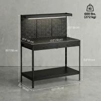 HOMCOM Workbench with LED Light and Power Strip, 43" Heavy Duty Work Table with Pegboard and Drawers for Garage Workshop, Black(m-3)