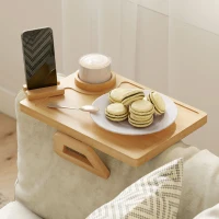 HOMCOM Couch Arm Tray, Clip-On Side Table with 360° Rotating Phone Holder and Removable Cup Holder, Natural(m-9)