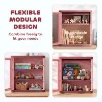 Qaba Toy Storage Organizer, 3 Tier Adjustable Toy Storage Cabinet Dustproof HDPE Plastic, Transparent Door, Pink(m-7)