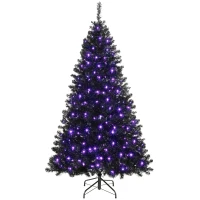 HOMCOM 6ft Pre-lit Black Christmas Tree, Artificial Halloween Tree with 680 Purple LED Lights, 680 Tips, Metal Stand, Black(m-2)