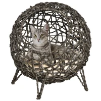 PawHut 20.5" Rattan Cat Bed, Kitten House, Elevated Round Condo for Comfort and Circulation with Cushion, Round Design(m-11)