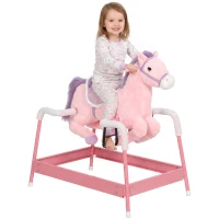 Qaba Kids Spring Rocking Horse, Ride on Horse with Neighing Sounds, Plush Animal Ride on Toy for Ages 3+ Years, Pink(m-11)