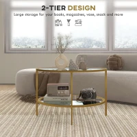 HOMCOM Side Table with Storage, 26" Round End Table, 2-Tier Tempered Glass Coffee Table with Steel Frame for Living Room, Gold(m-4)