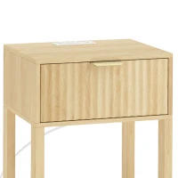 HOMCOM Modern Nightstand Set of 2, Slim Bedside Table with Drawer, Open Shelf and Built-in Charging for Bedroom, Oak(m-9)