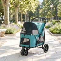 PawHut 3 Wheel Pet Stroller with Easy One-Click Quick Fold, Mesh Window, Washable Cushion, for Medium Dogs, Dark Green(m-8)