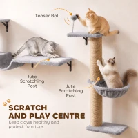 PawHut 3-In-1 Cat Wall Shelves with Condo, Bed, Hammock, Scratching Post and Spring Ball, Gray(m-6)