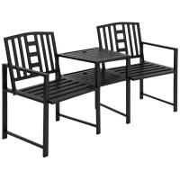 Outsunny Metal Garden Bench with Middle Table and Umbrella Hole, 2-in-1 Double Patio Chairs, Outdoor 2-person Tete-a-Tete, Slatted, Black(m-1)
