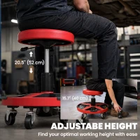 HOMCOM Rolling Mechanic Stool, 15.7"-20.5" Garage Stool with Wheels, 300 LBS, 360° Swivel Padded Creeper Shop Seat, Red(m-4)