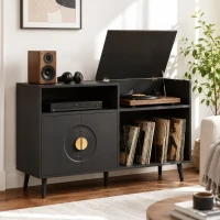 HOMCOM Record Player Stand with Power Outlets, Vinyl Record Holder with Storage Holds Up to 300 Albums, Black(m-1)