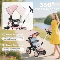 Qaba 6 in 1 Toddler Tricycle for 1-5 Years Old with Push Handle, Removable Canopy, Rotatable Seat, Pink(m-5)