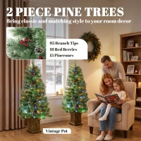 HOMCOM 4ft Pre-Lit Artificial Christmas Tree Set of 2, Xmas Pine Trees, Dual Colors, Remote, Green(m-4)