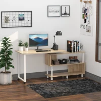 HOMCOM Mobile L-Shaped Rotating Computer Desk with Storage Shelves Moveable Rolling Writing Table Home Office Study Workstation for Home Office, Oak(m-16)