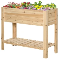 Outsunny Raised Garden Bed with Legs, Elevated Box Planter with Storage Shelf, Bed Liner for Backyard Patio, Natural Wood(m-2)
